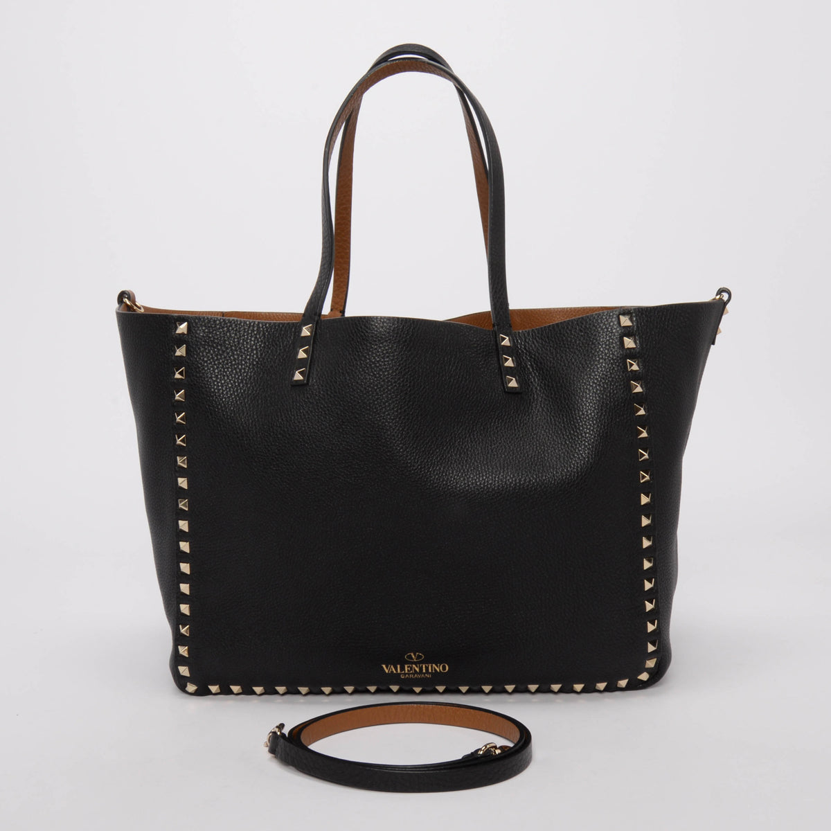 Valentino Black & Tan Grained Calfskin Reversible Rockstud Tote