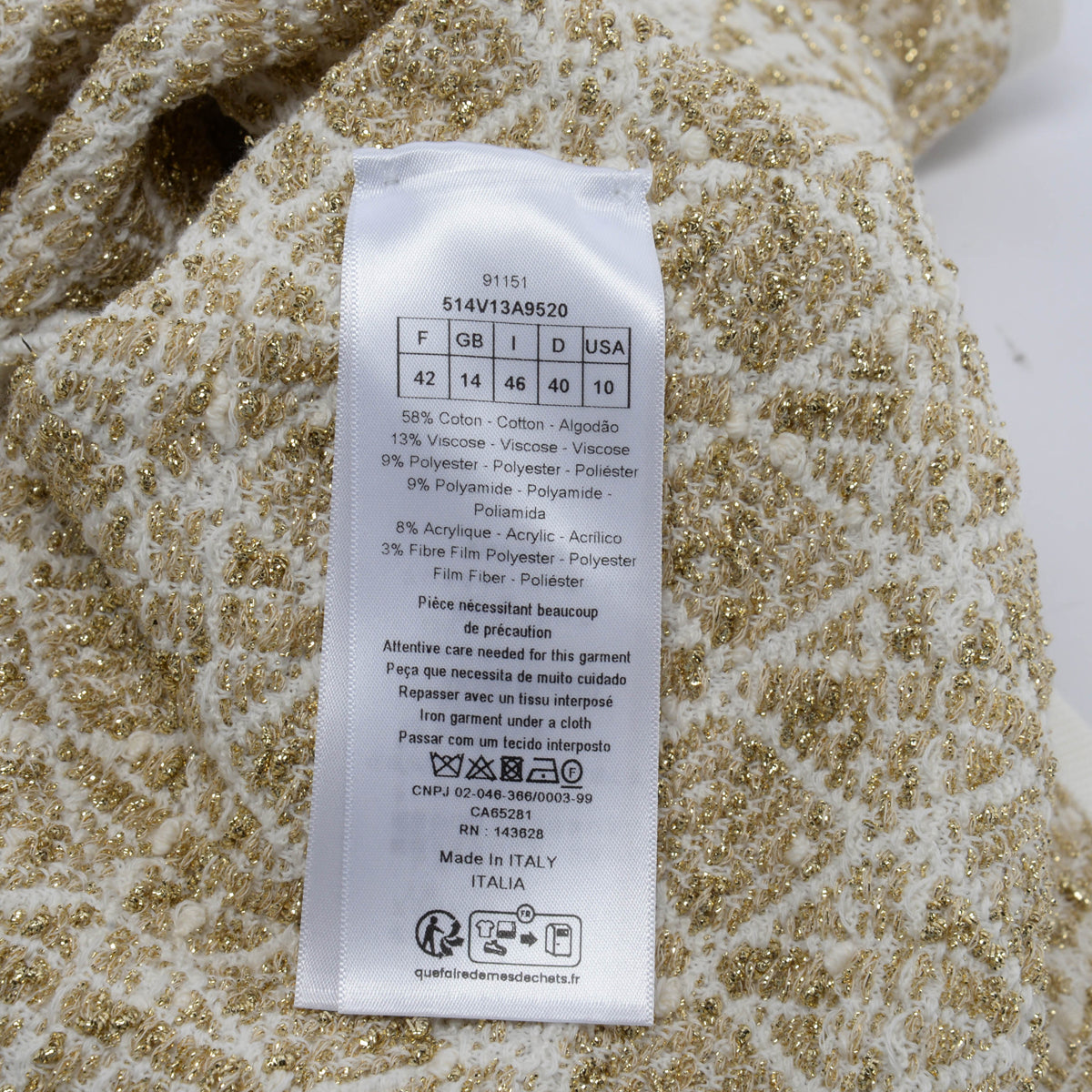 Dior White & Gold Tweed Macrocannage Short-Sleeved Jacket FR 42