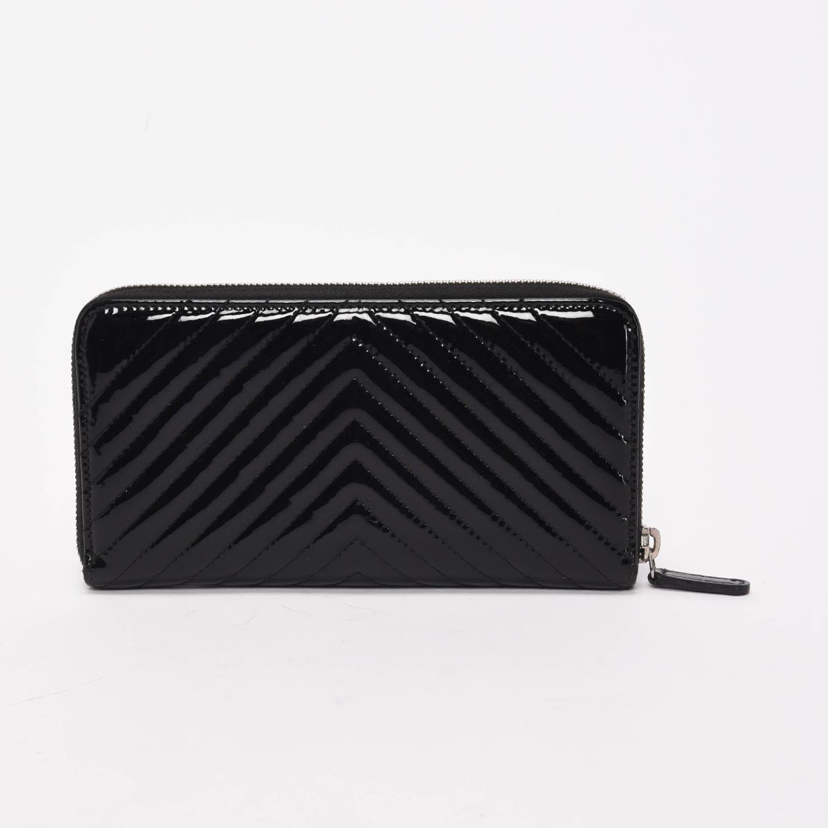 Chanel Black Chevron Patent CC Zip Around Wallet