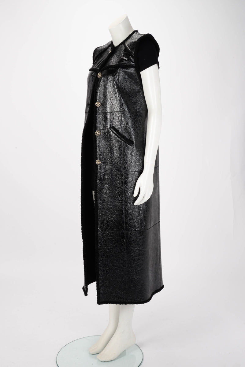 Chanel Black Distressed Lambskin and Shearling Sleeveless Coat FR 36