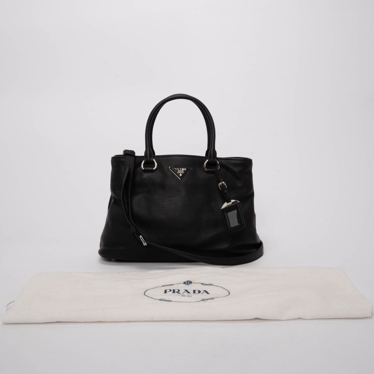Prada Black Vitello Daino Convertible Shopping Tote