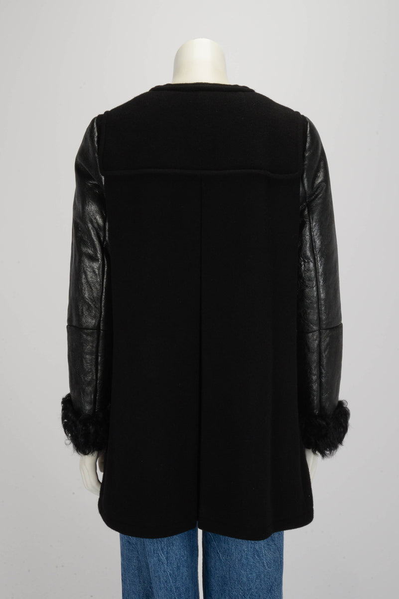 Miu Miu Black Wool Melton Leather Trim Duffle Coat