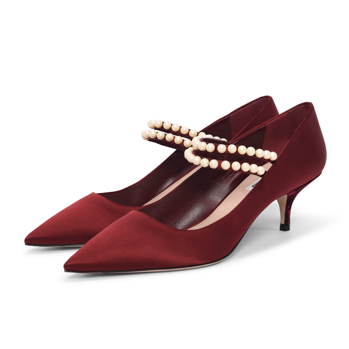Miu Miu Burgundy Satin Pearl Strap Pumps 41