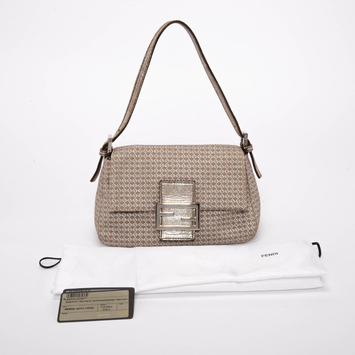 Fendi Beige & Silver Micro Zucchino Canvas Mini Baguette Bag