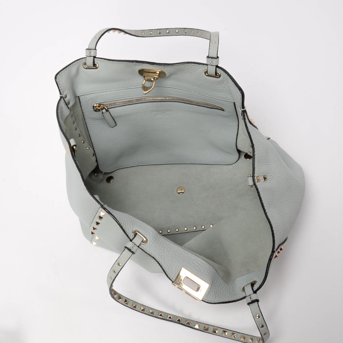 Valentino Pale Blue Grained Calfskin Medium Rockstud Trapeze Tote