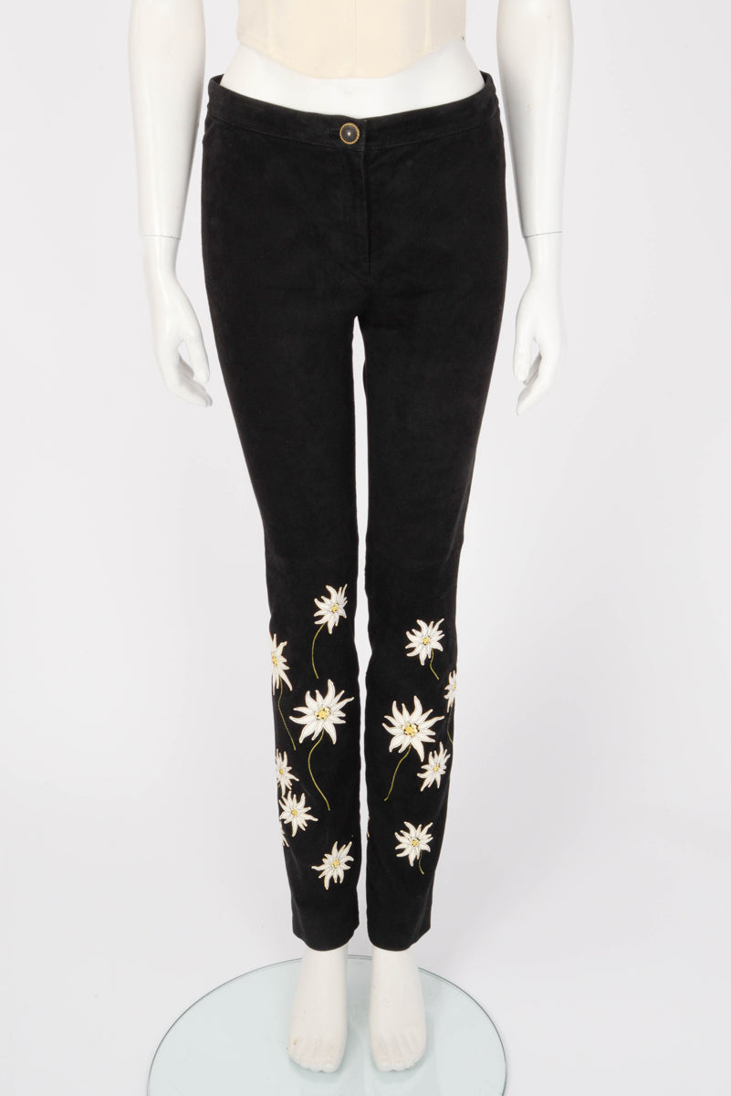 Chanel Black Suede Applique Flower Pants FR 40