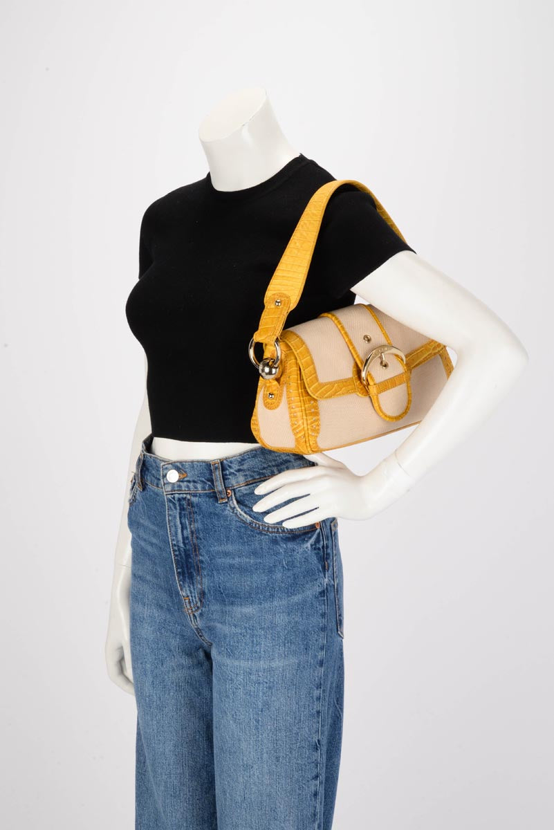 Celine Vintage Yellow Canvas Moc Croc Shoulder Bag