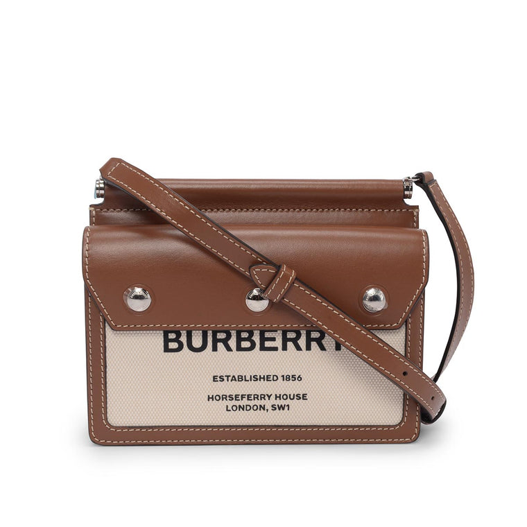 Burberry Tan Leather & Canvas Baby Title Pocket Shoulder Bag
