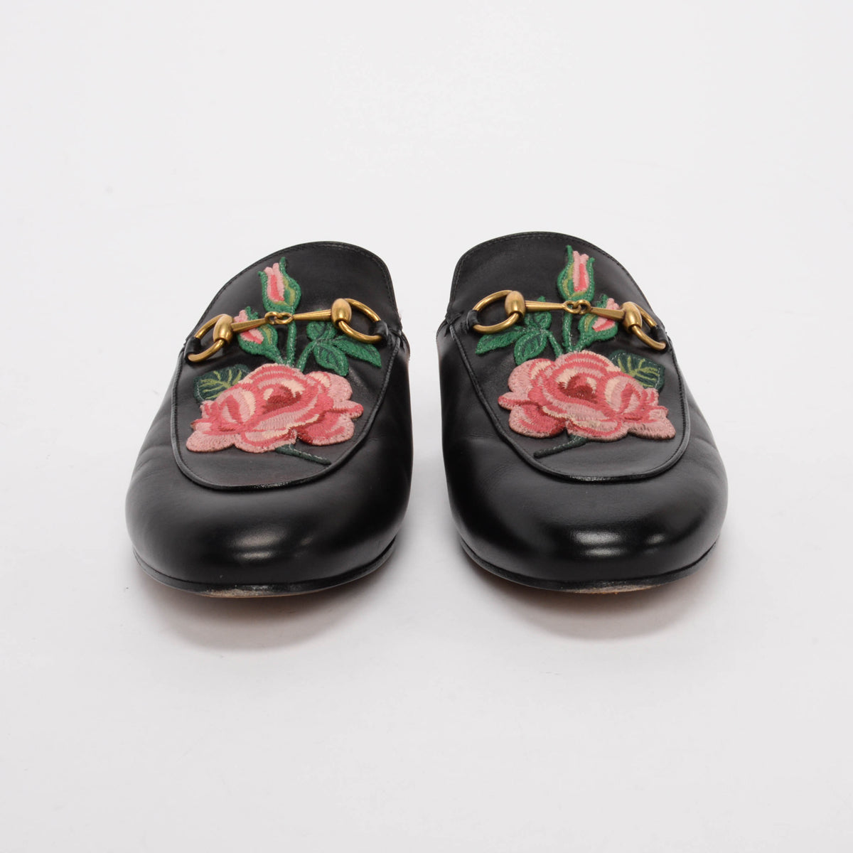 Gucci Black Calfskin Rose Embroidered Princetown Slippers 38