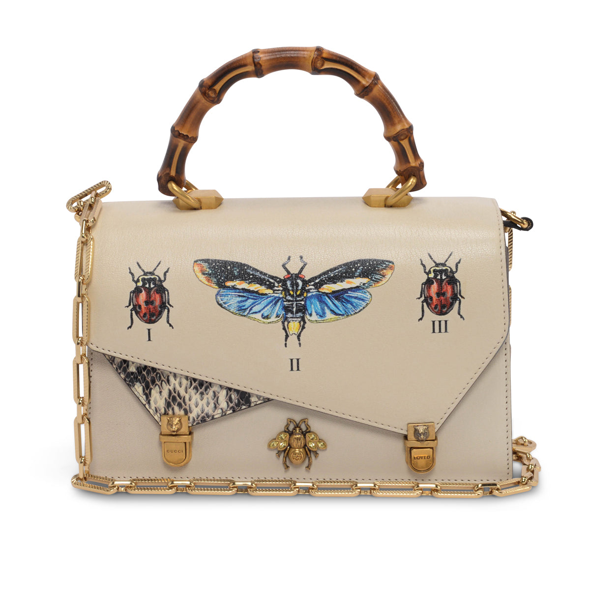 Gucci Cream Calfskin & Snakeskin Ottilia Bamboo Handle Bag