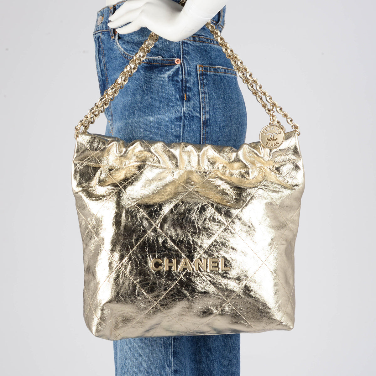 Chanel Light Gold Metallic Crumpled Calfskin Small 22 Bag