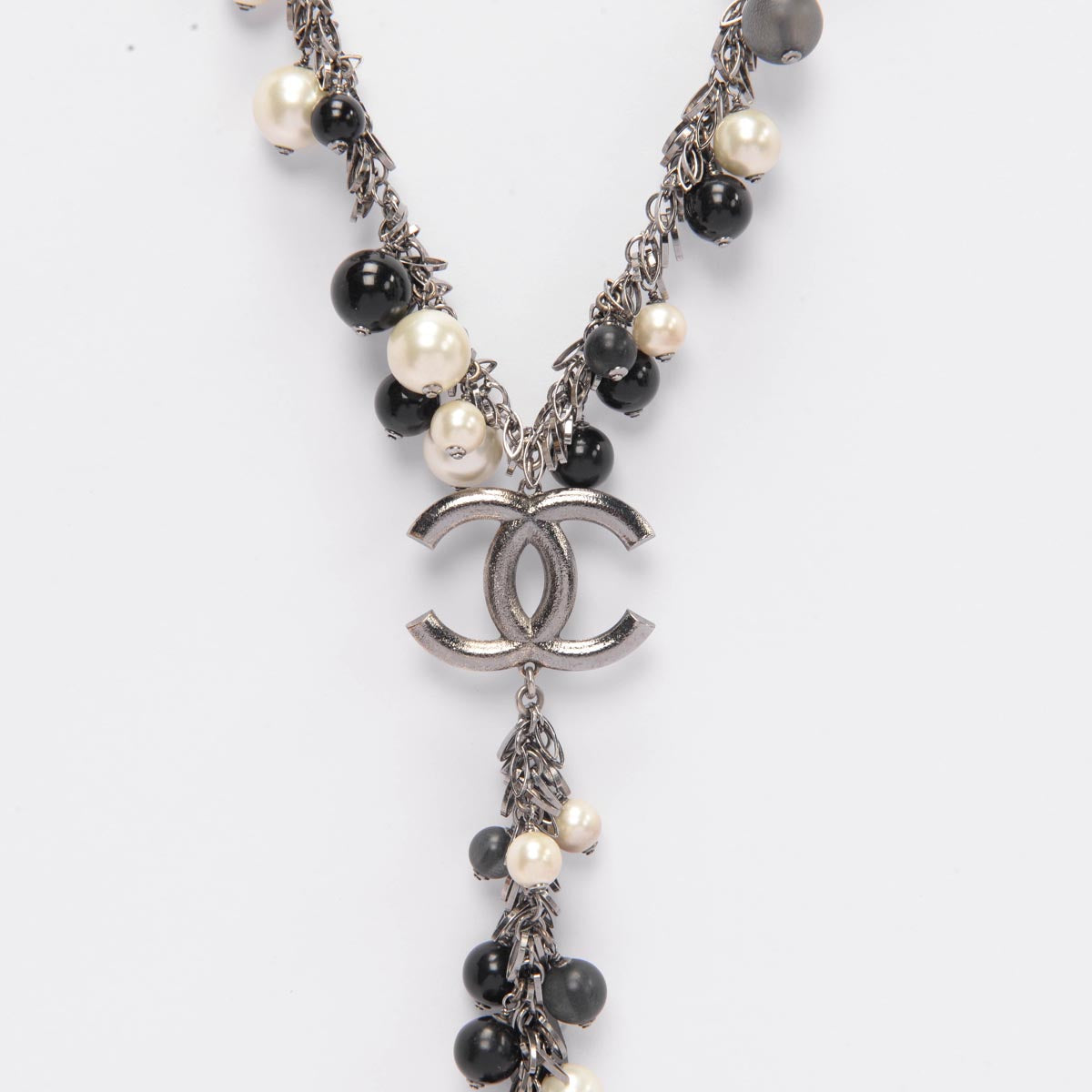 Chanel Pearl & Black Beaded Silver Chain CC Necklace
