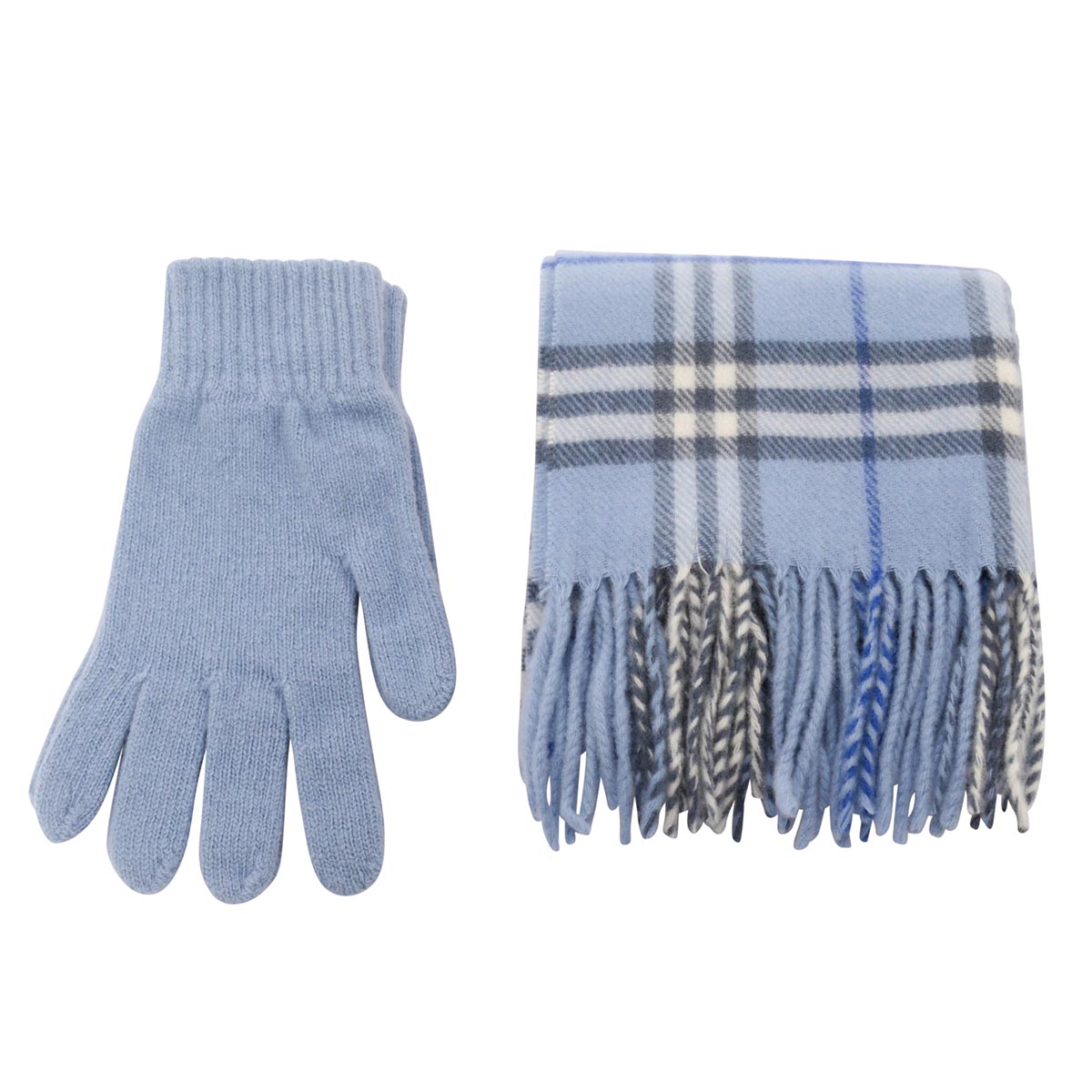 Burberry Blue Wool Blend Nova Check Scarf + Gloves