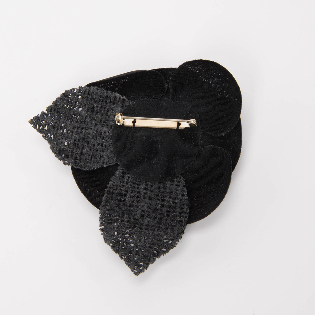 Chanel Black Satin & Tweed Camellia Brooch