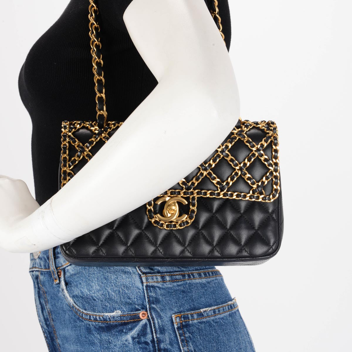 Chanel Black & Gold Lambskin Classic Woven Chain Flap Bag