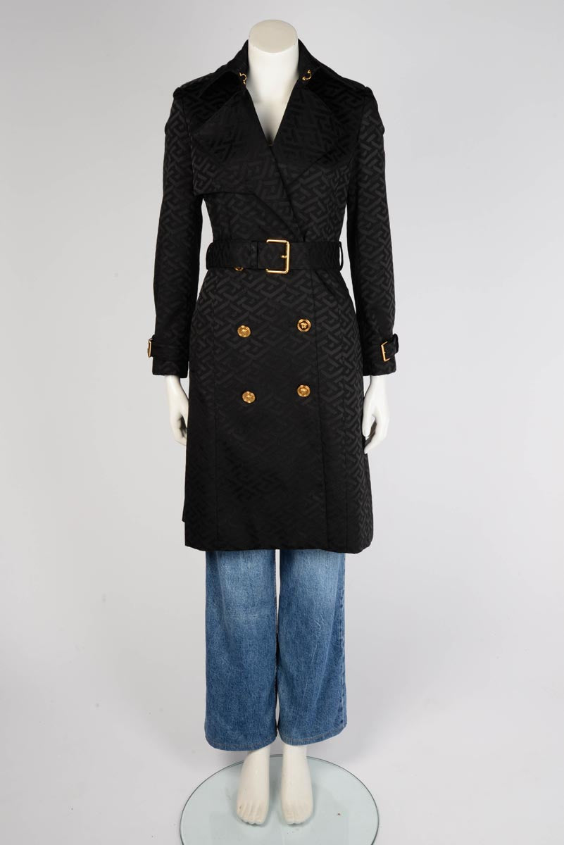 Versace Black La Greca Print Classic Trench Coat IT 36