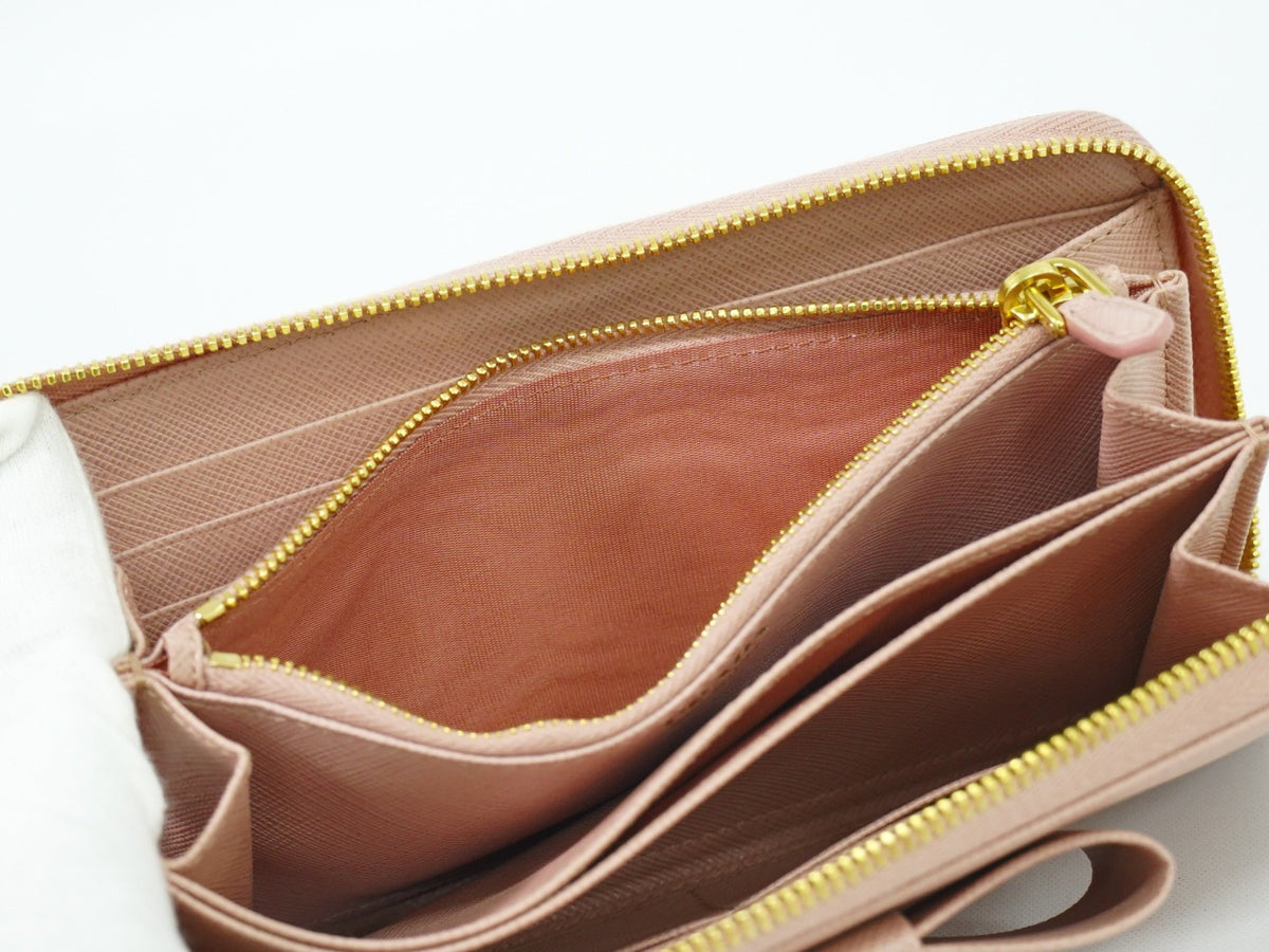 Prada Pink Saffiano Leather Bow Zip Around Wallet
