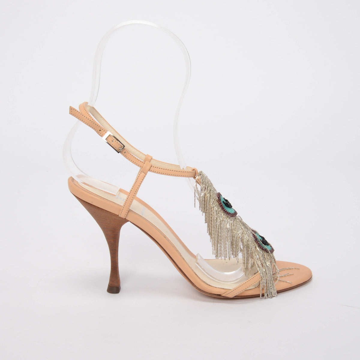 Fendi Blush Leather Embellished Peacock Fringe Sandals 38
