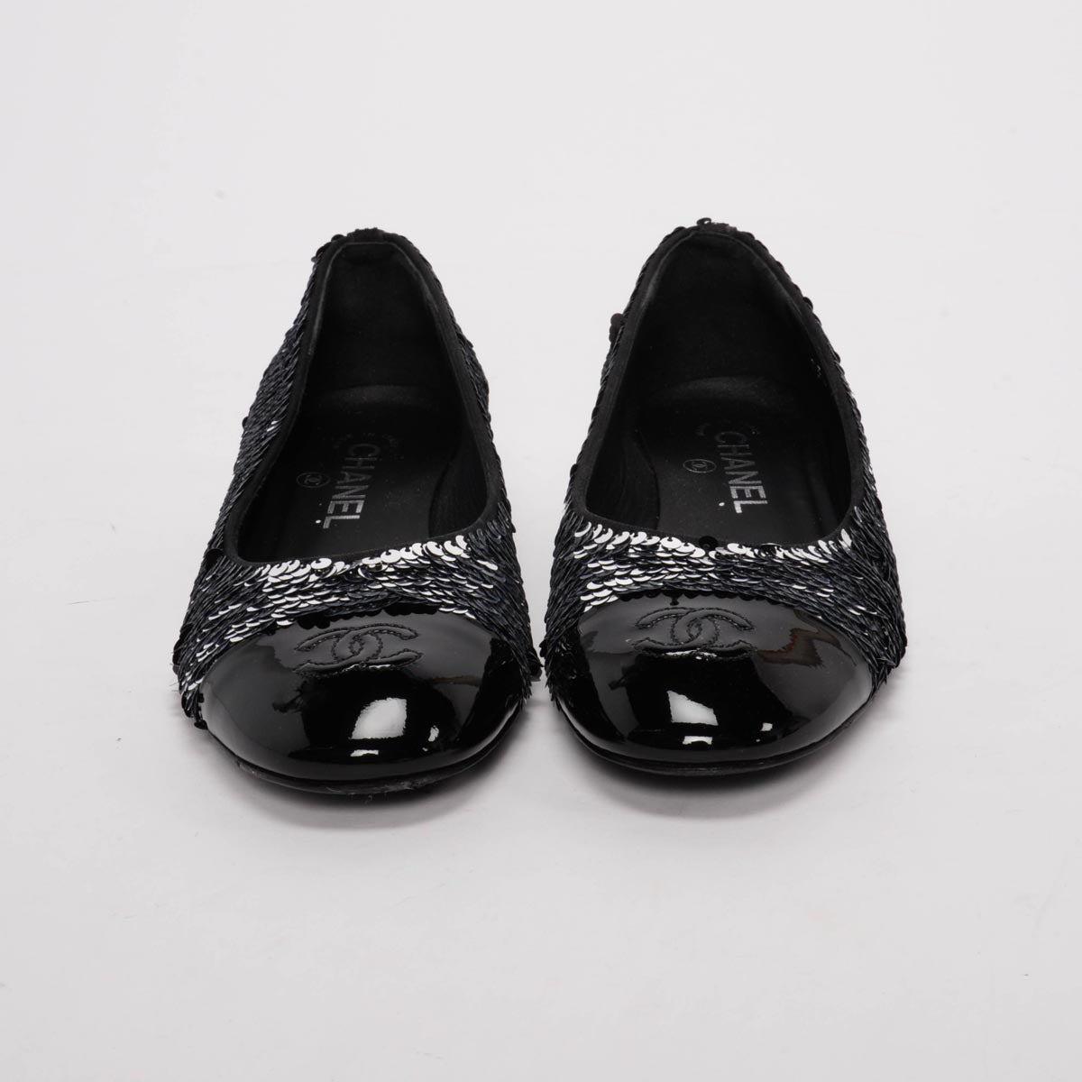 Chanel Black & Silver Sequin Encrusted CC Ballerina Flats 37.5