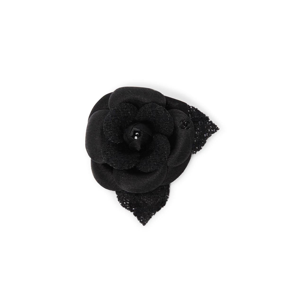 Chanel Black Satin & Tweed Camellia Brooch