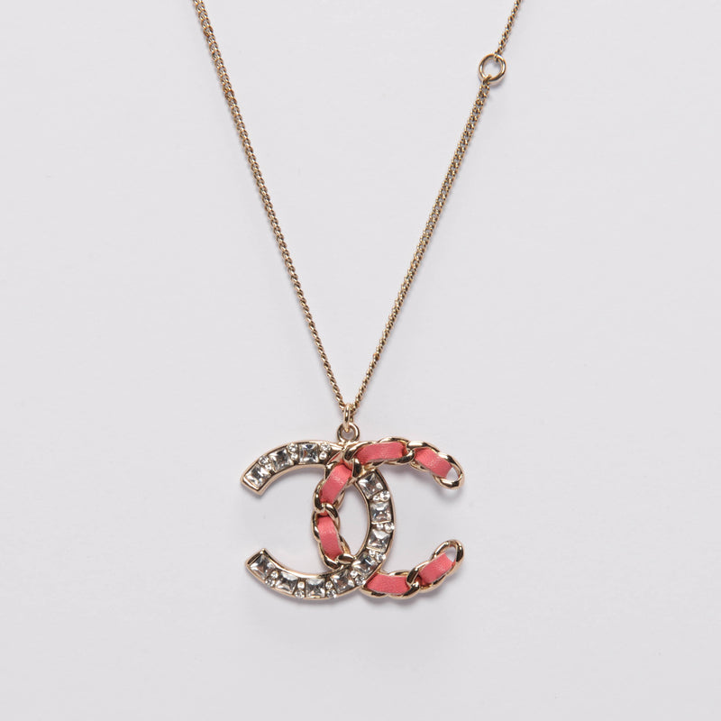 Chanel Pink Leather & Crytstal Large CC Necklace - Blue Spinach