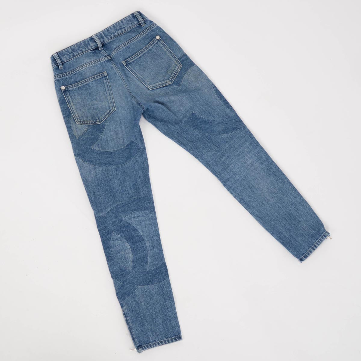 Chanel Blue Denim CC Print Ankle Zip Jeans FR 34