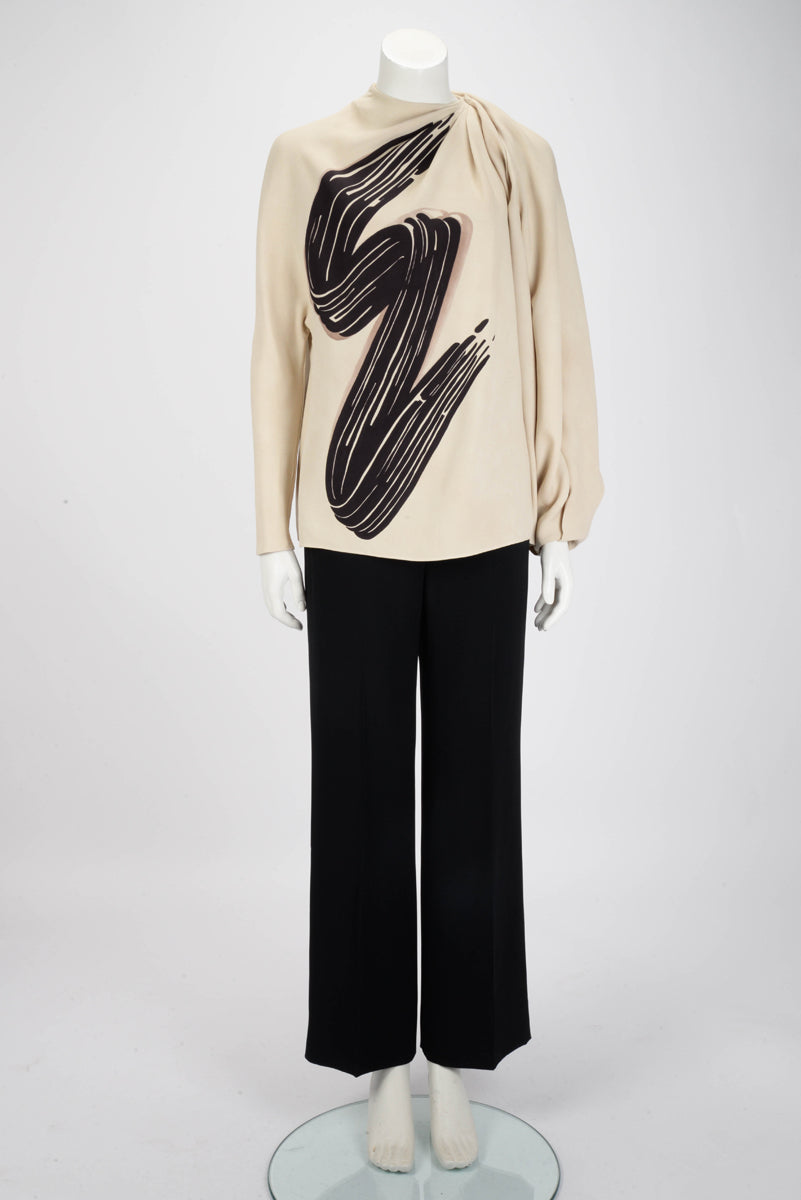 Fendi Beige Silk Asymetric Brush Stroke Blouse IT 40