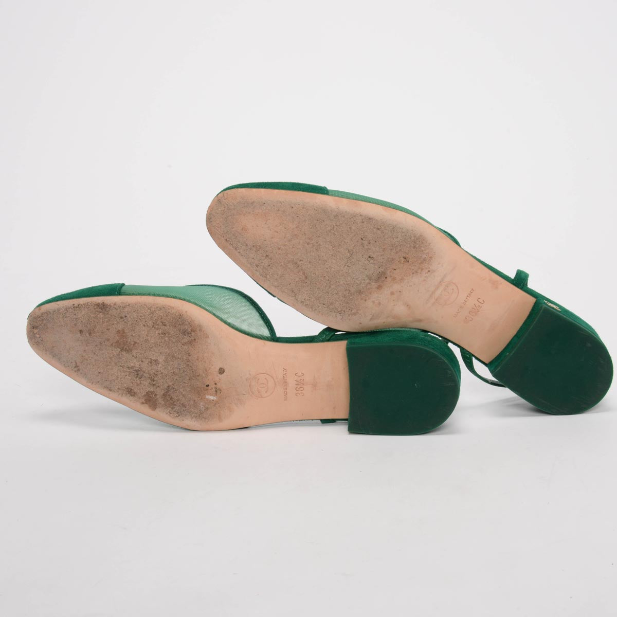 Chanel Green Suede & Mesh CC Slingback Flats 36.5