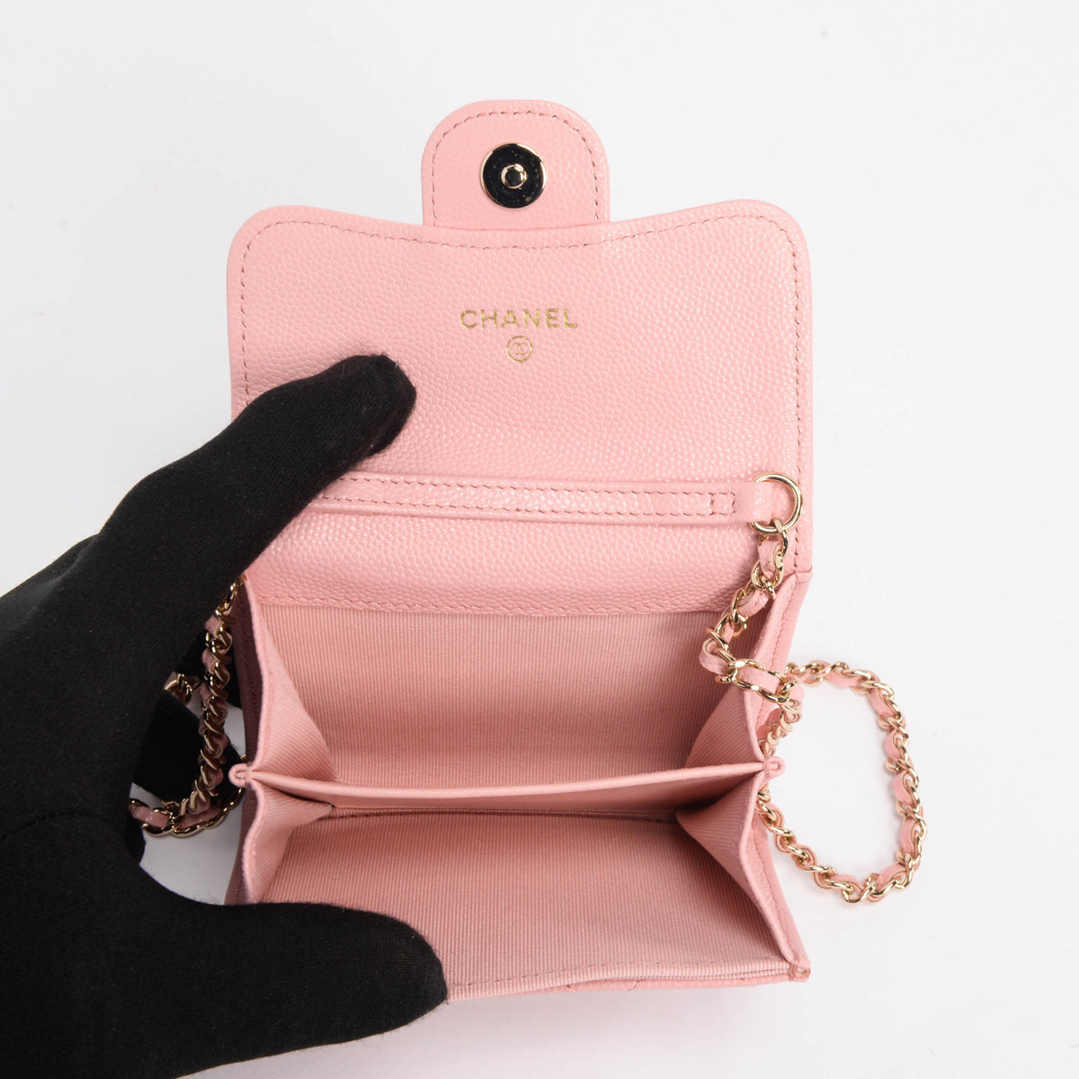 Chanel Pink Quilted Caviar Classic CC Card Holder on Chain