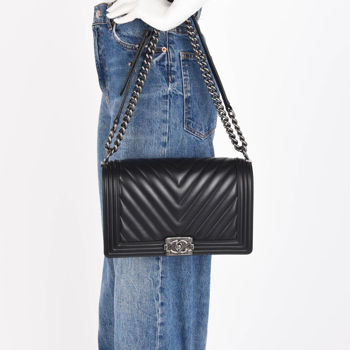 Chanel Black Chevron Lambskin Medium Boy Bag