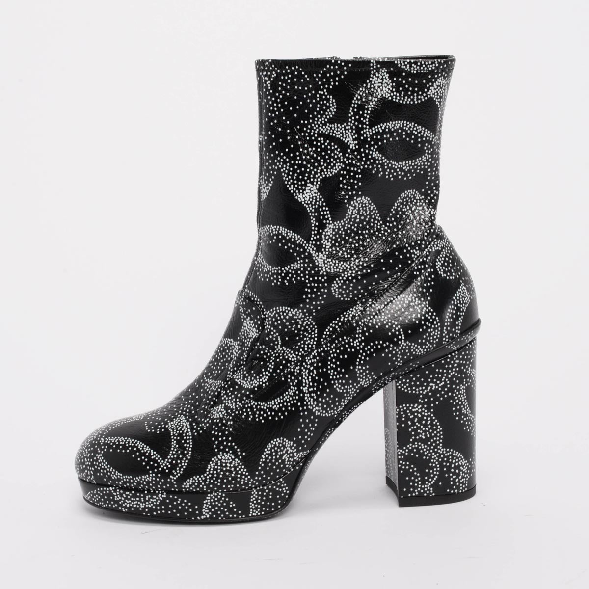 Chanel Black & White Dot Printed Camellia Platform Boots 39