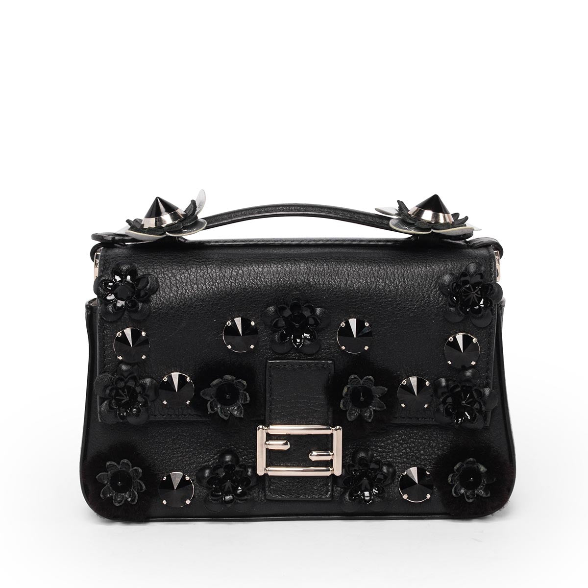 Fendi Black & Blue Vitello Dolce Flowerland Micro Double Baguette