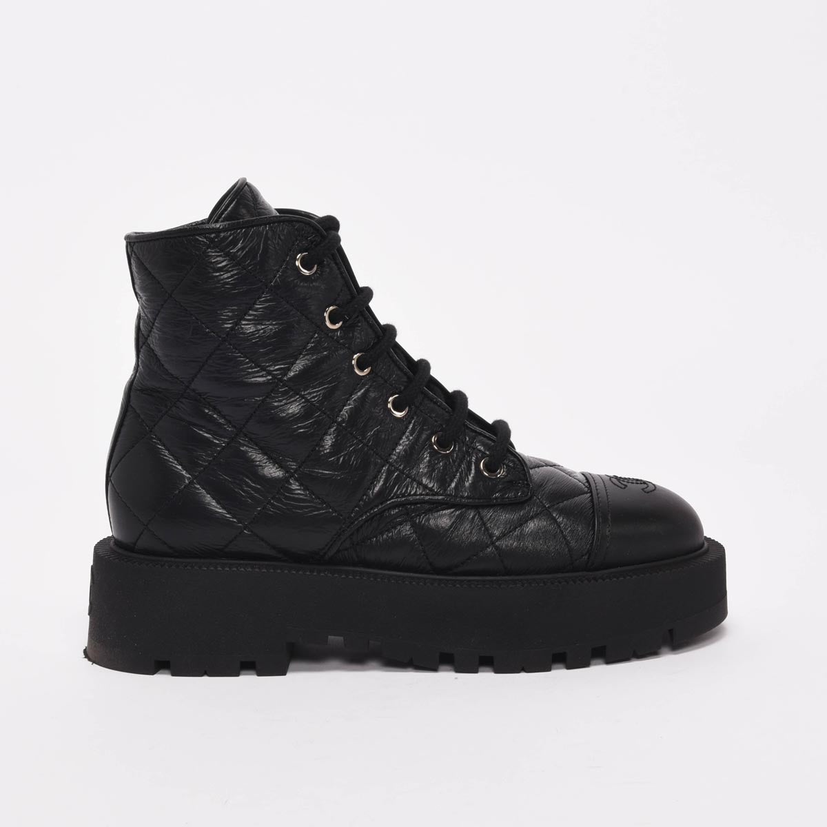 Chanel Black Distressed Calfskin Short Combat Boots 38.5