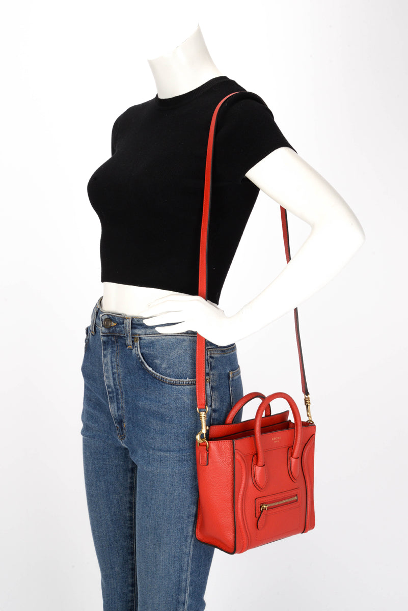 Celine Poppy Red Drummed Calfskin Micro Luggage Tote