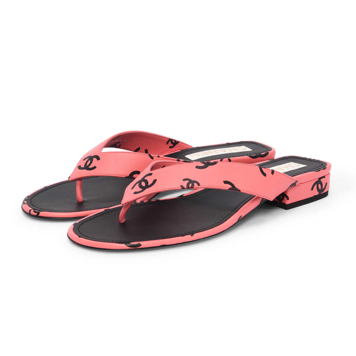 Chanel Pink & Black Lambskin CC Printed Thong Sandals 40