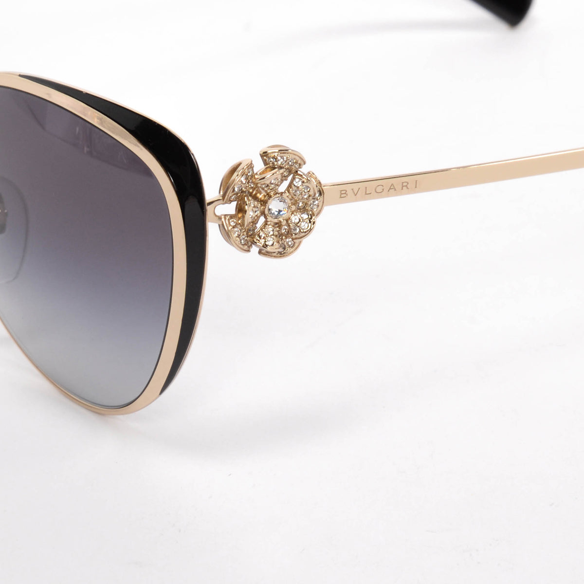 Bulgari Gold & Black Crystal Flower Cat Eye Sunglasses