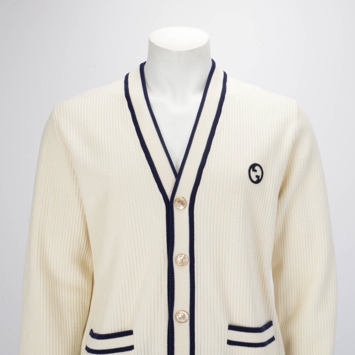 Gucci Cream Knitted GG Logo Patch Cardigan L