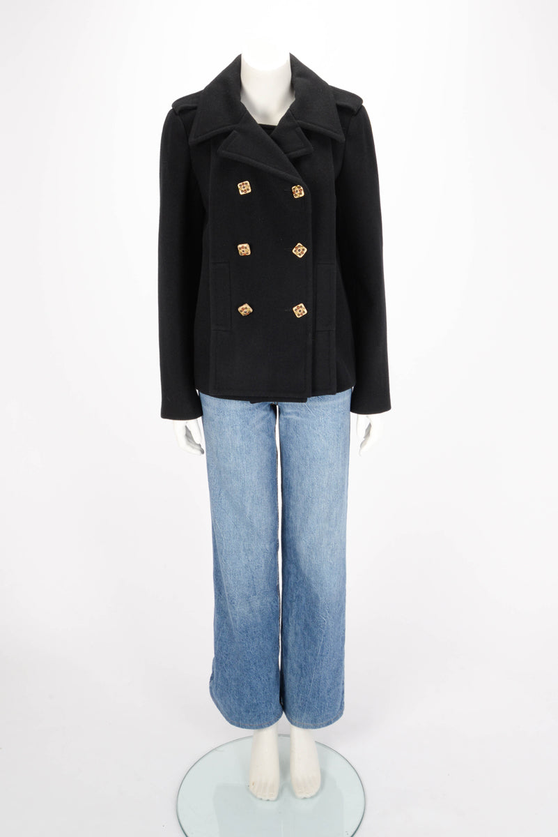 Chanel Black Wool Melton Gripoix Button Pea Coat FR 40