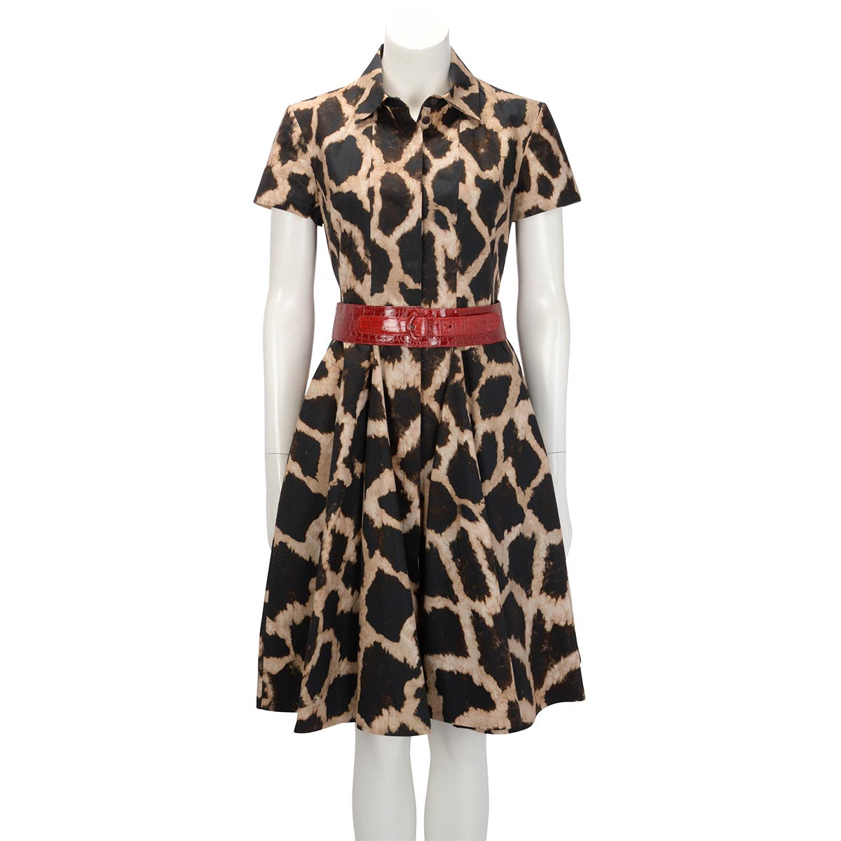 Giambattista Valli Beige Leopard Print Pleated Midi Shirt Dress IT 42