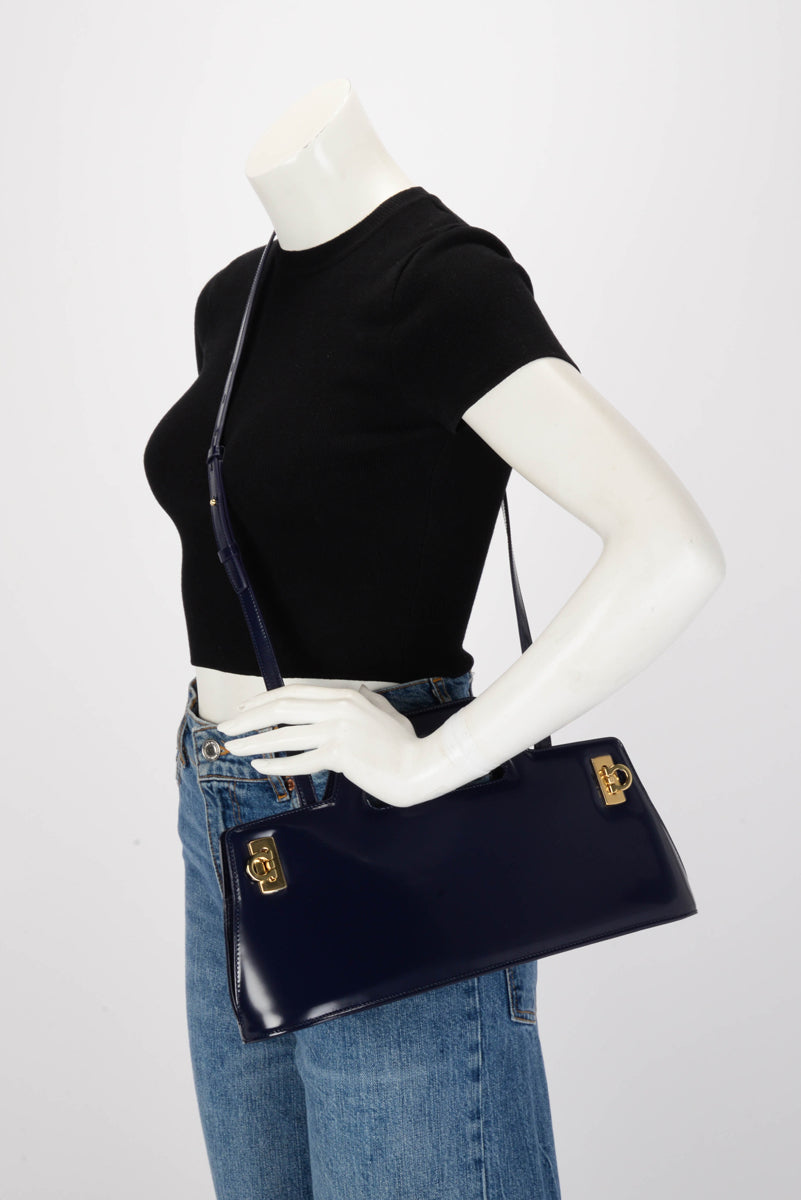 Ferragamo Navy Hi-Shine Wanda East West Bag