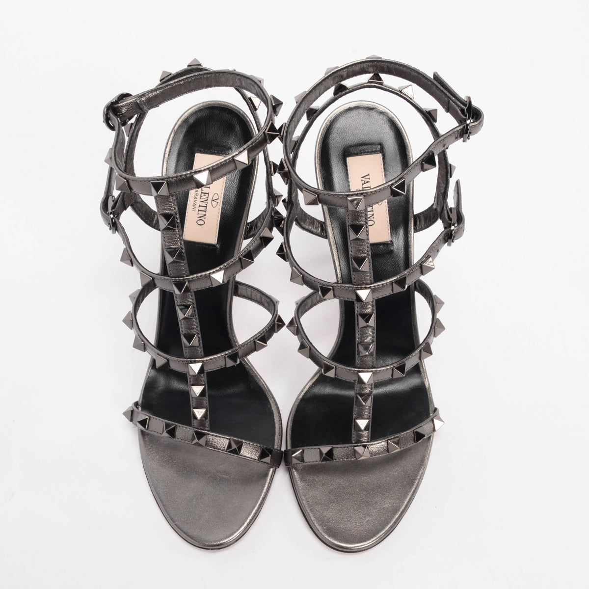 Valentino Gunmetal Metallic Leather Rockstud Cage Sandals 39.5