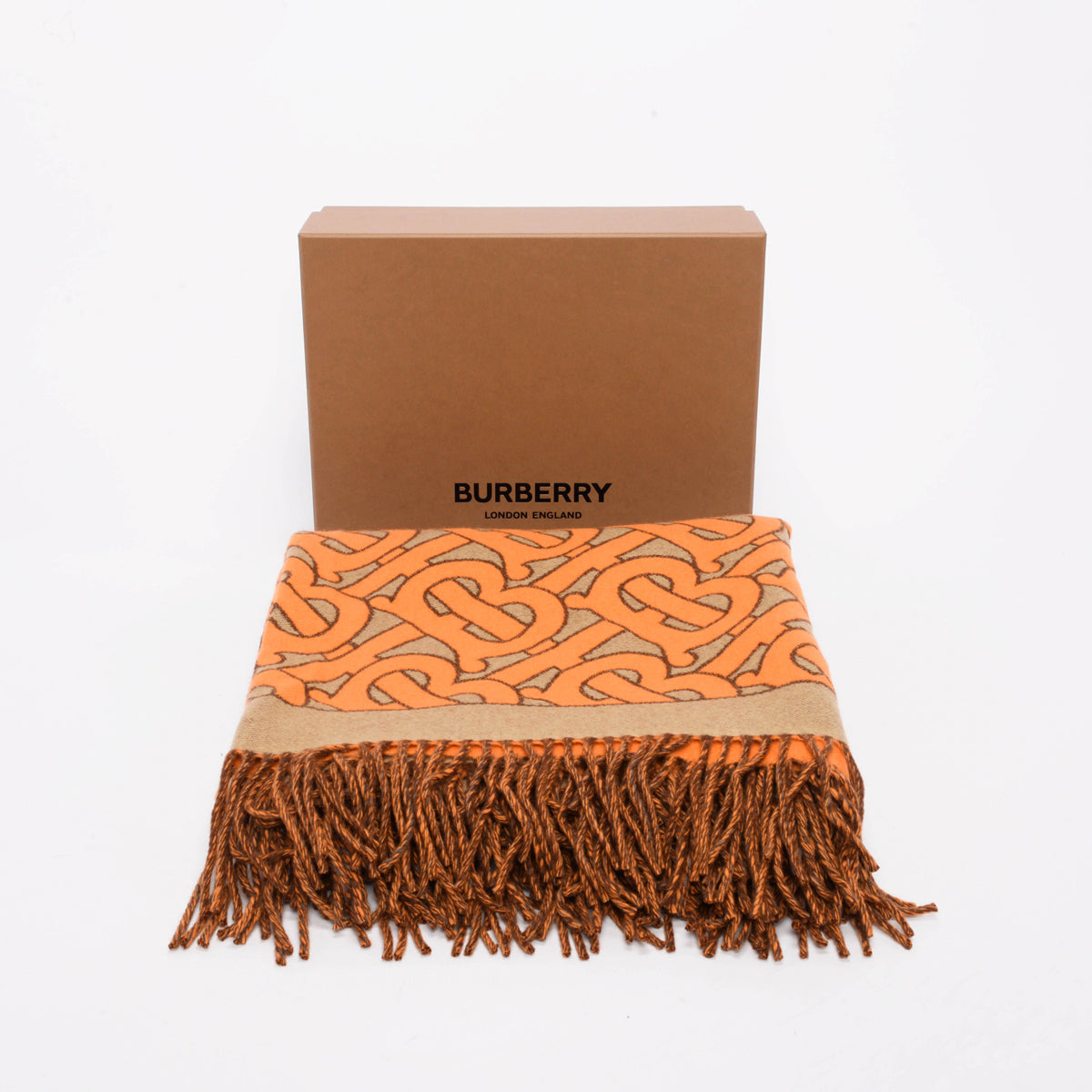 Burberry Orange TB Monogram Wool Fringed Throw