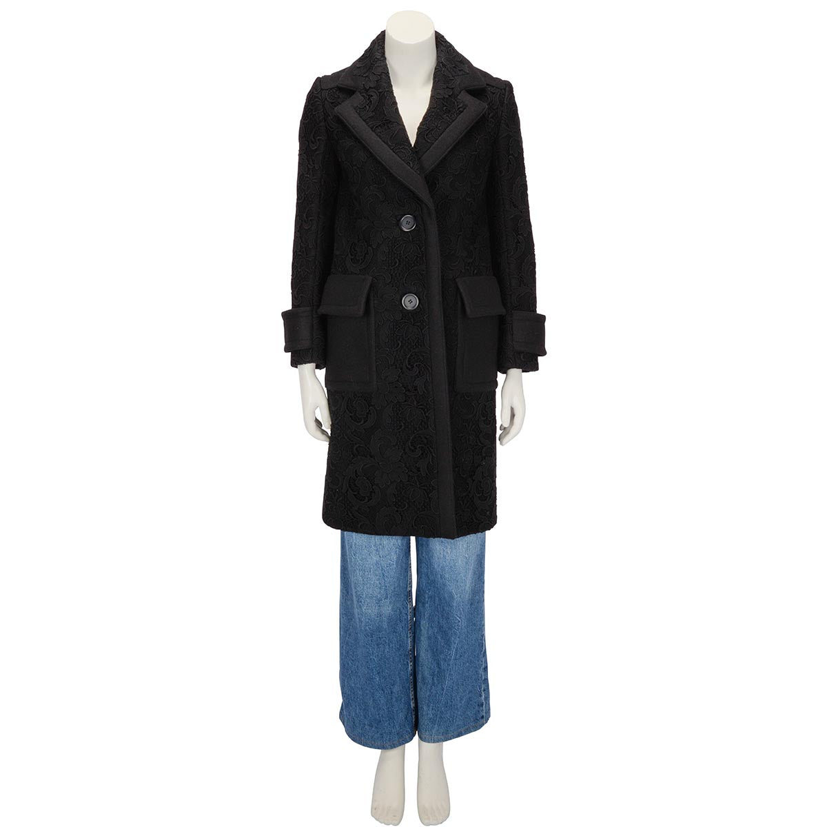 Miu Miu Black Wool Lace Overlay Coat IT 36