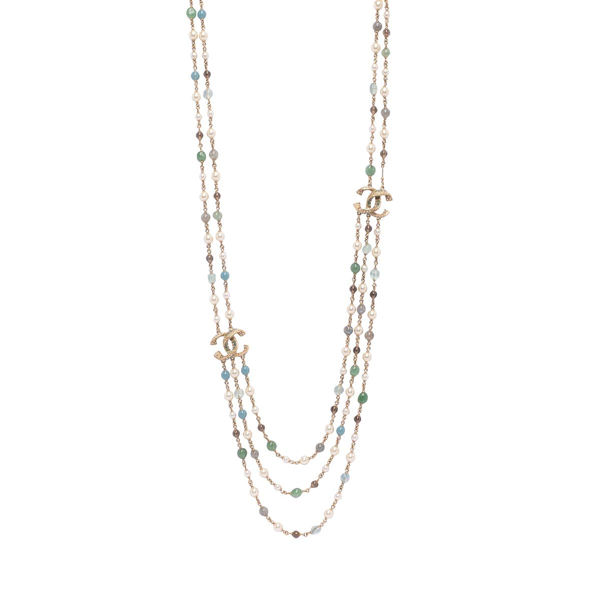 Chanel Light Gold Stone & Pearl CC Layered Necklace