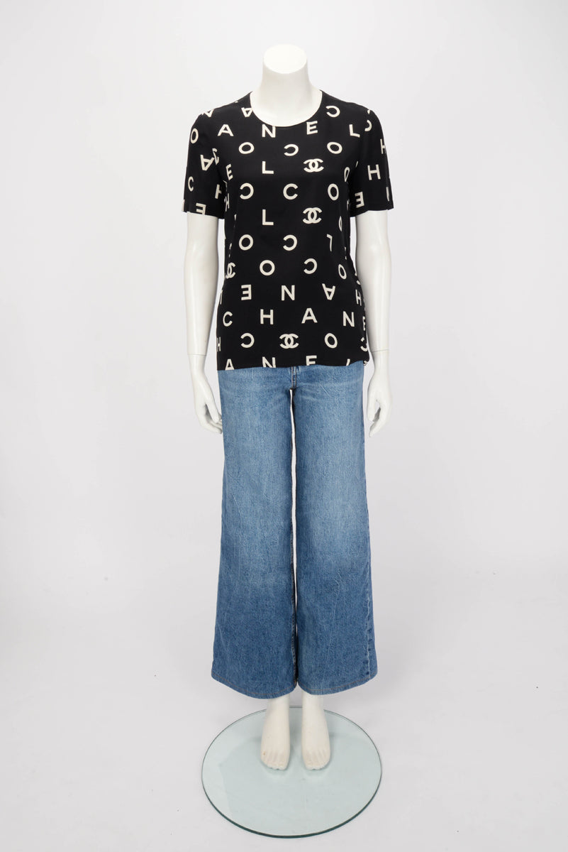 Chanel Vintage Black & White Silk CC Logo Letter Top FR 38