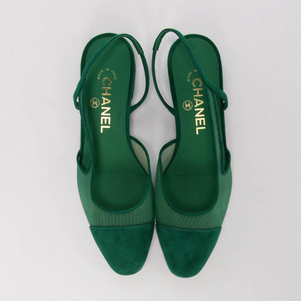 Chanel Green Suede & Mesh CC Slingback Flats 36.5