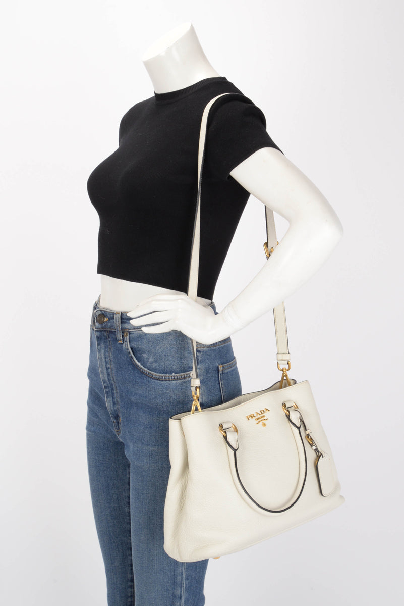 Prada Talco White Vitello Phenix Small Shoulder Bag