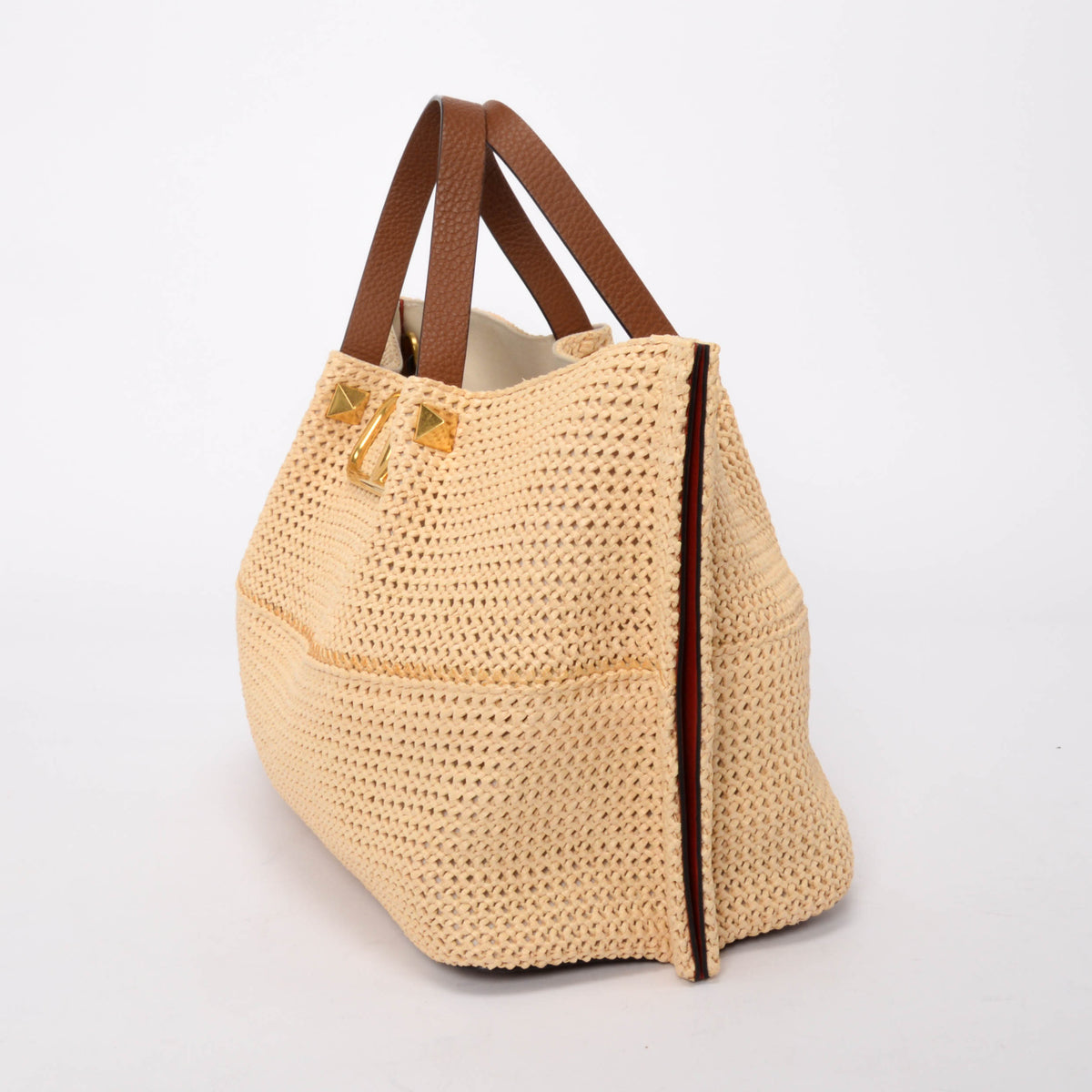 Valentino Tan Calfskin & Raffia Medium Rockstud VLogo Tote