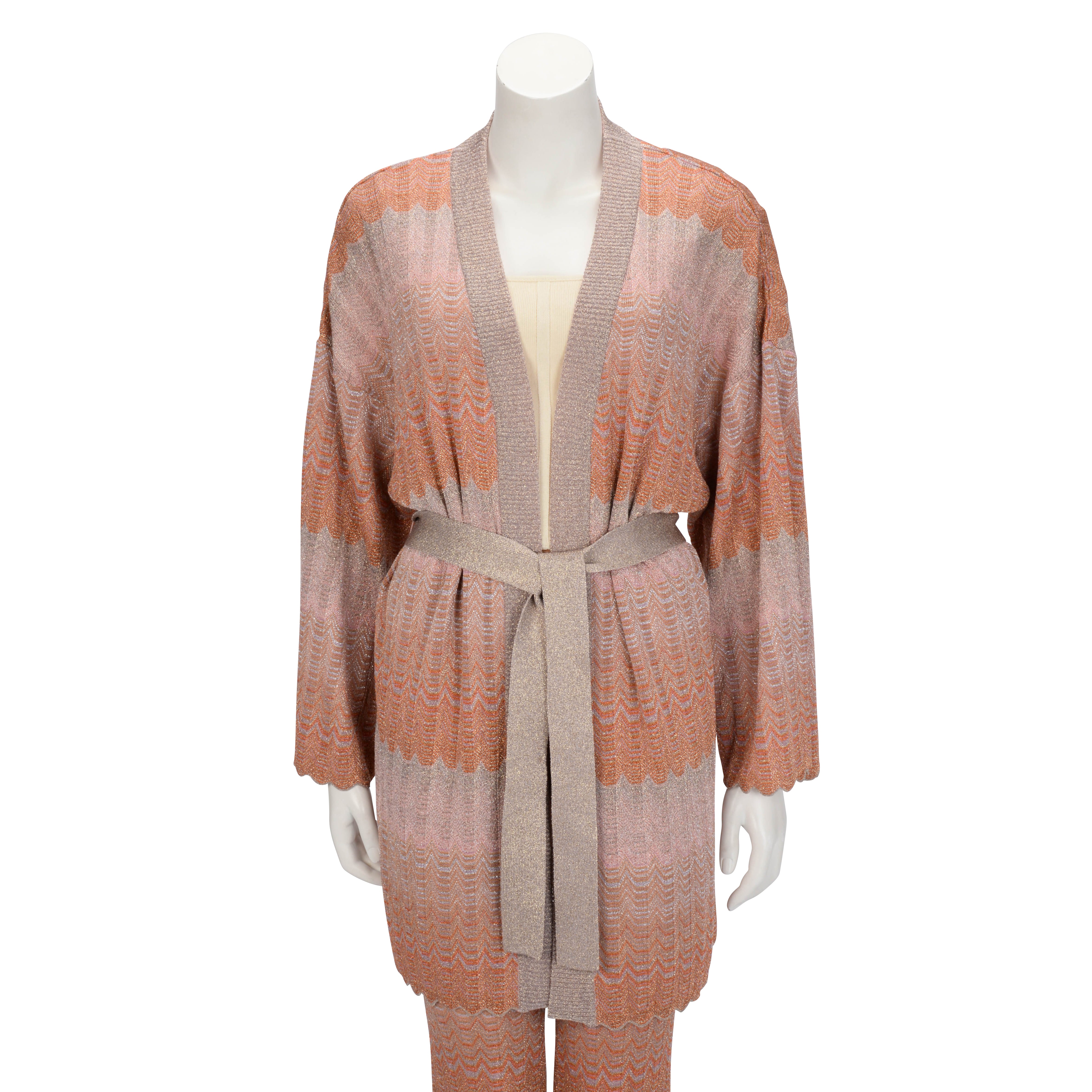 Missoni Orange Lurex Waves Chevron Belted Cardigan IT 40