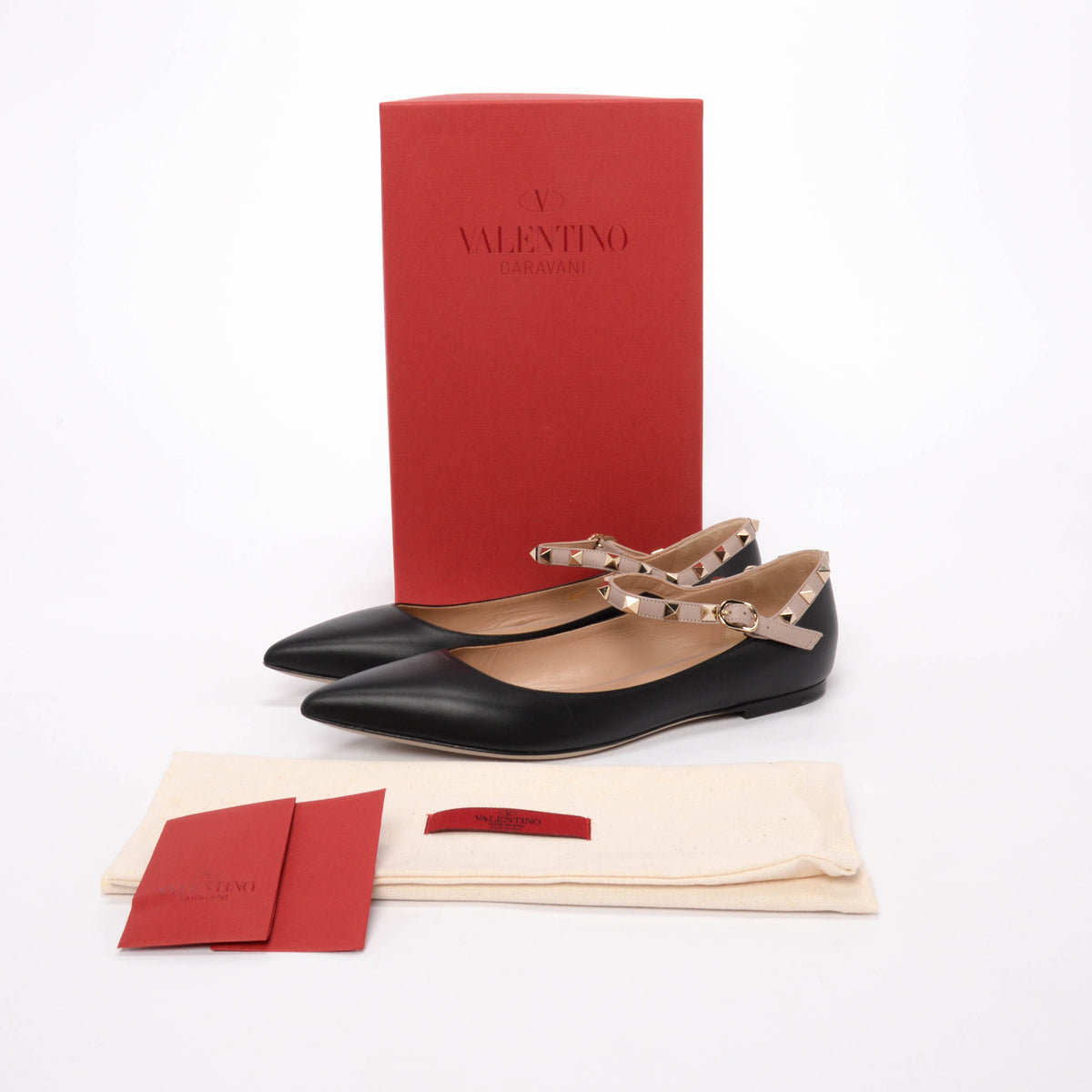 Valentino Black & Poudre Calfskin Rockstud Ankle Strap Ballerina Flats 41
